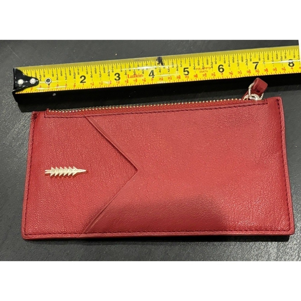 Red Pebbled Leather Slim Zip Card Case Wallet Gold Hardware